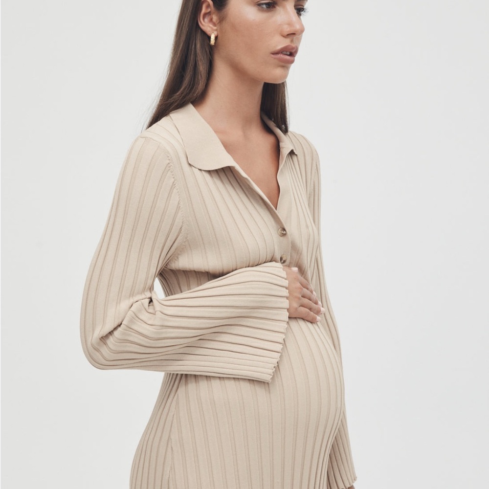 Beige Ribbed Maternity Dress